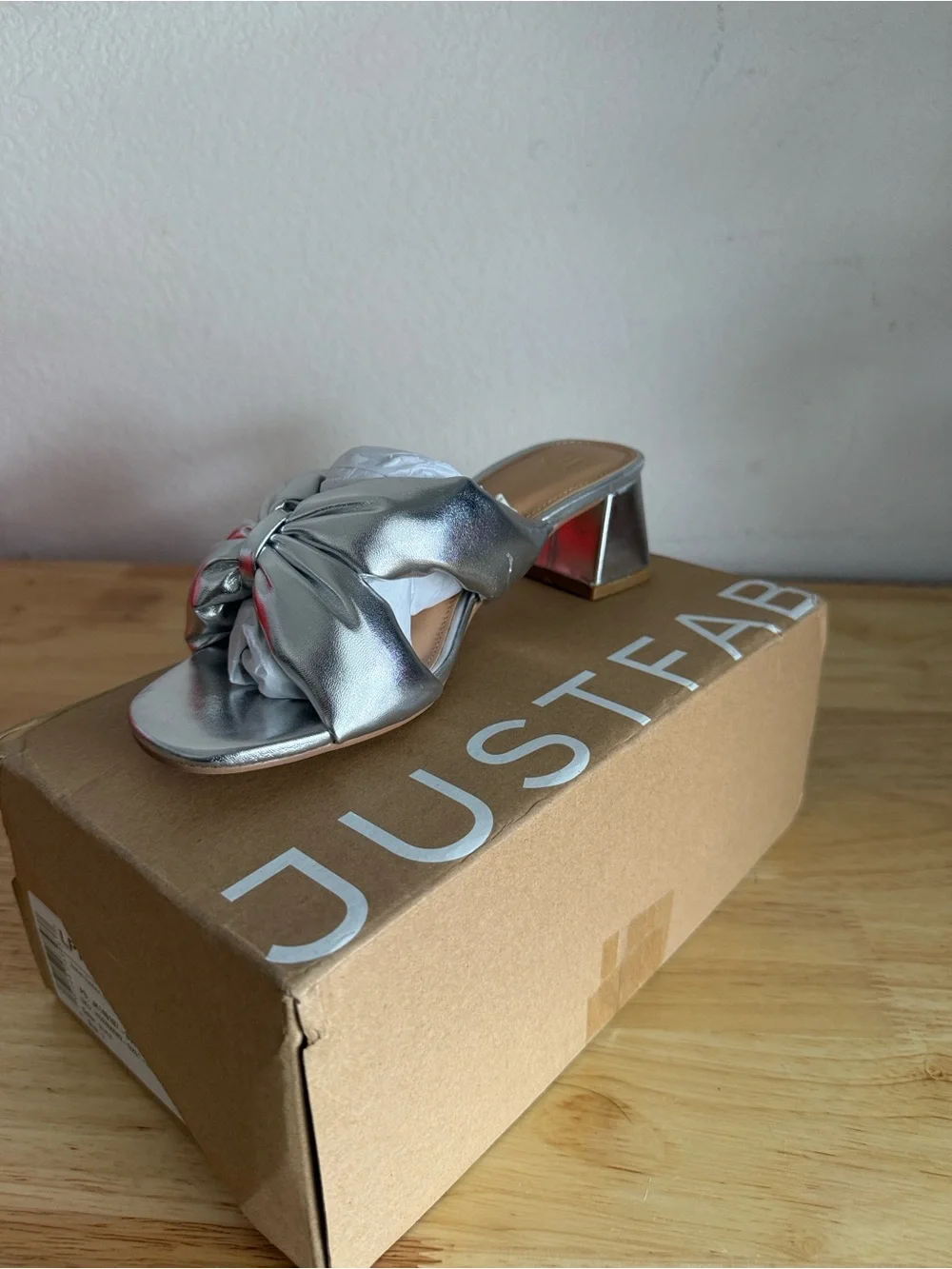 JustFab Metallic Silver Knotted Block Heel Slides